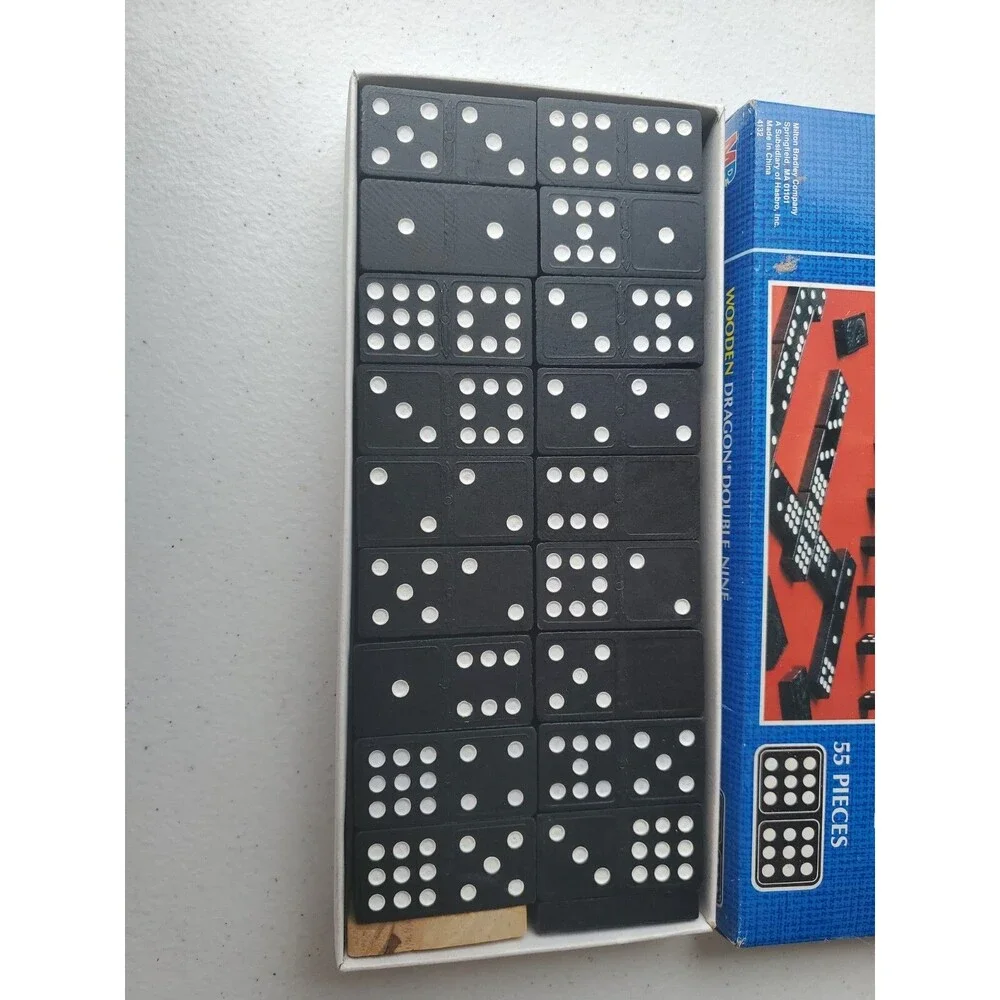 DOMINOES, WOODEN DRAGON, Double Nine, 55 Pieces, Milton Bradley MB 1983 Complete